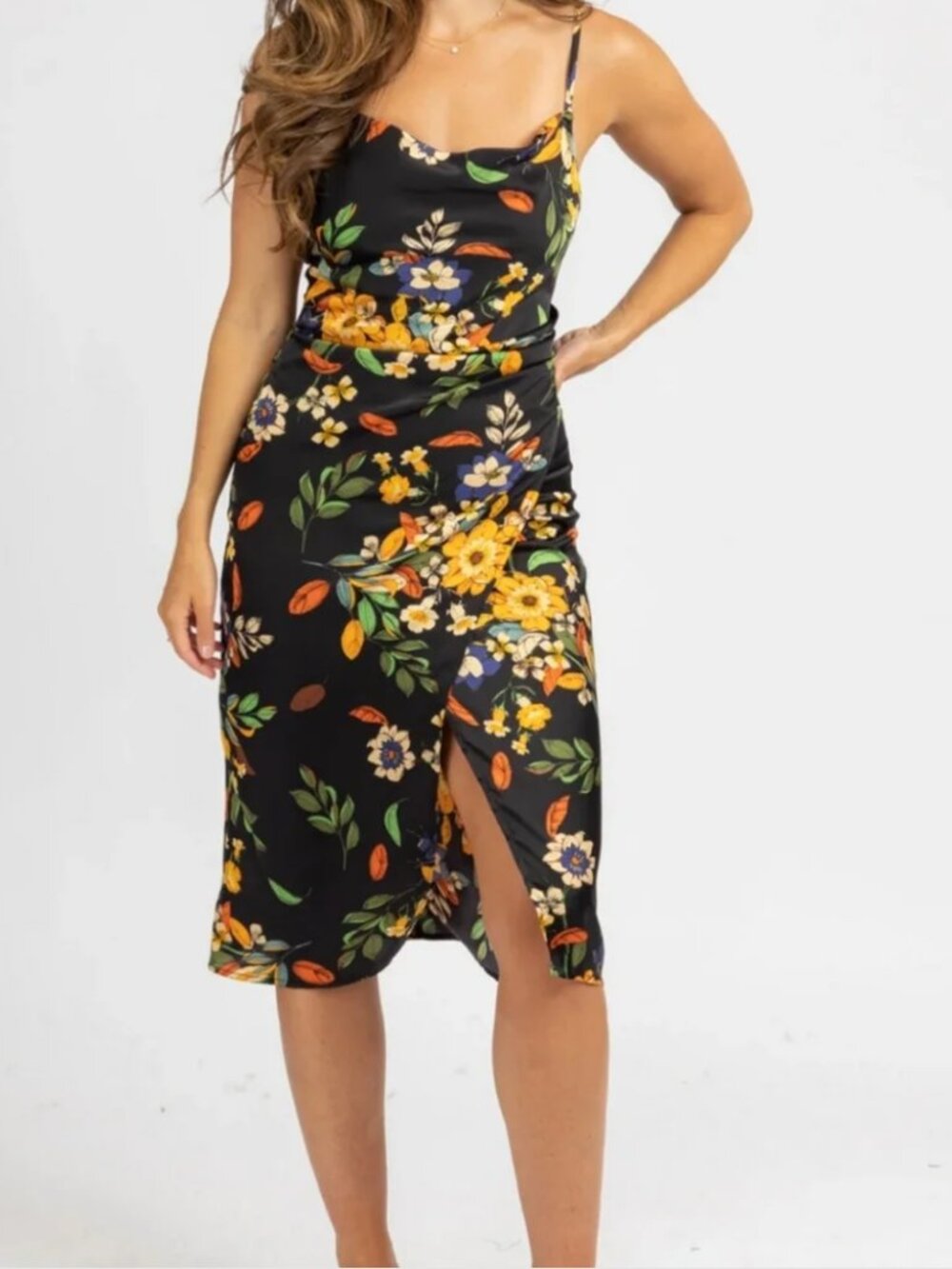 Garota Black Floral Satin Midi Dress Size XS — Cowl Neck / Side Ruche - Picture 9 of 10